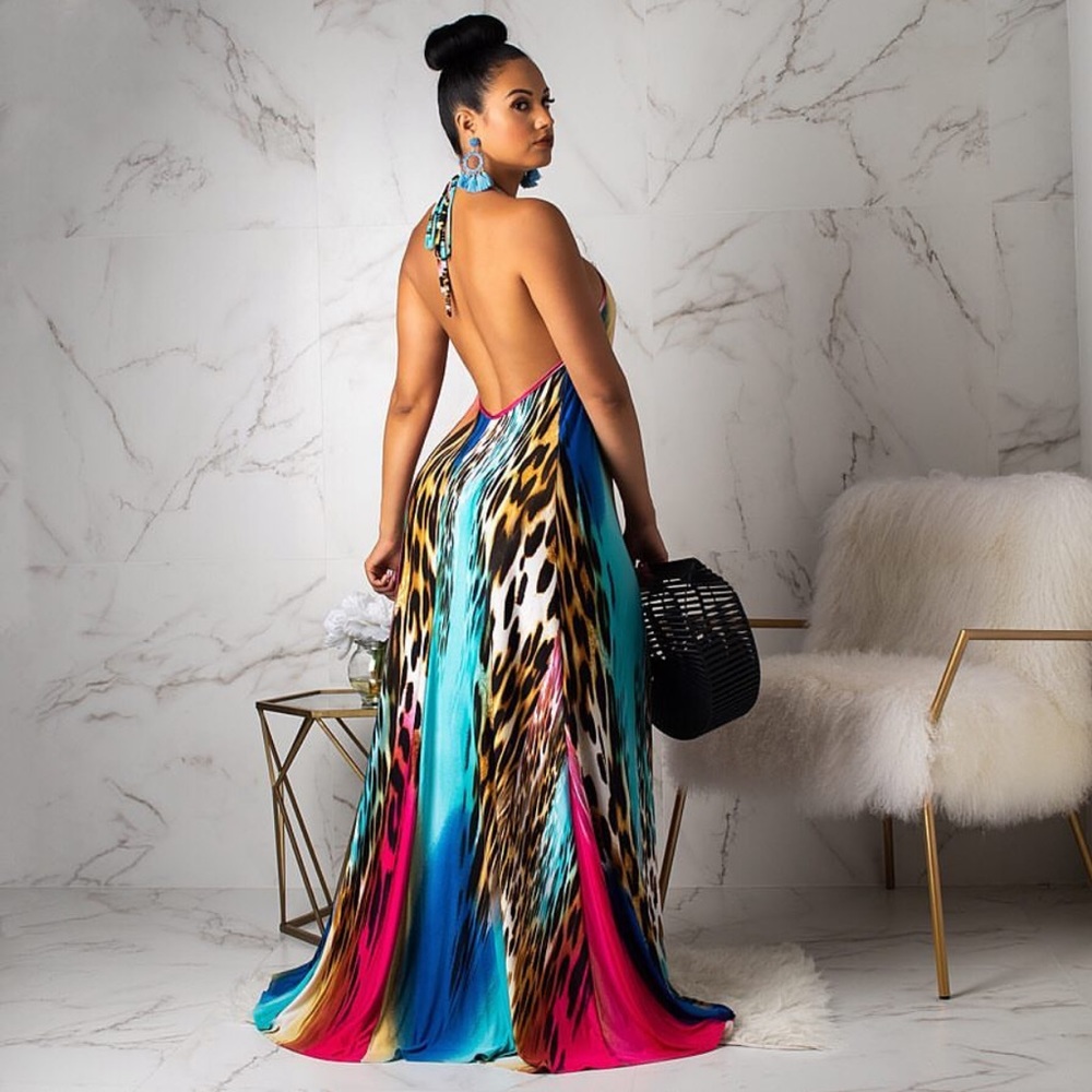 Maxi Animal Print Stretch Halter Cheetah Dress - Picture 2 of 3